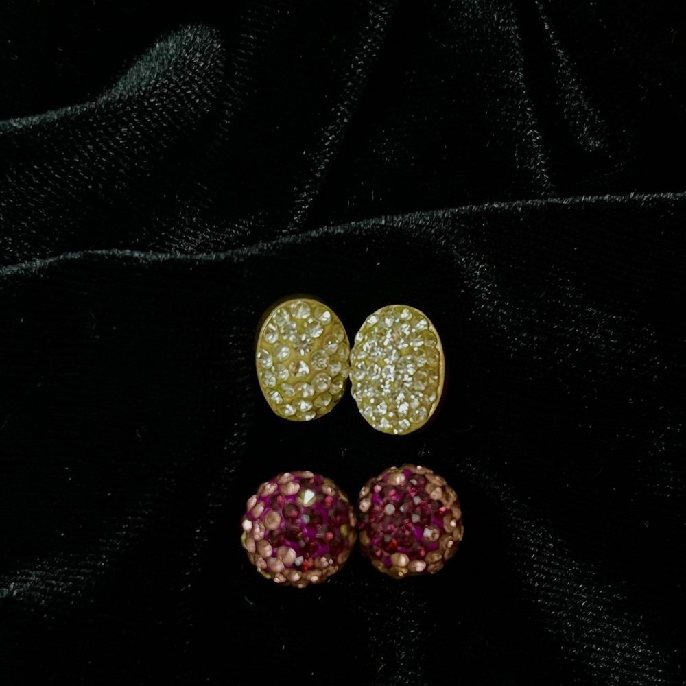 Lot of 2 Pairs Crystal Stud Earrings 925 silver white & purple Rhinestone Ball